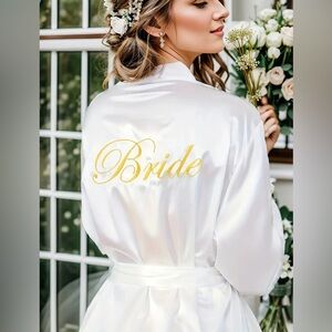Elegant Embroidered Bride Asymmetrical Neck Long Sleeve Satin Night Dress w/Belt